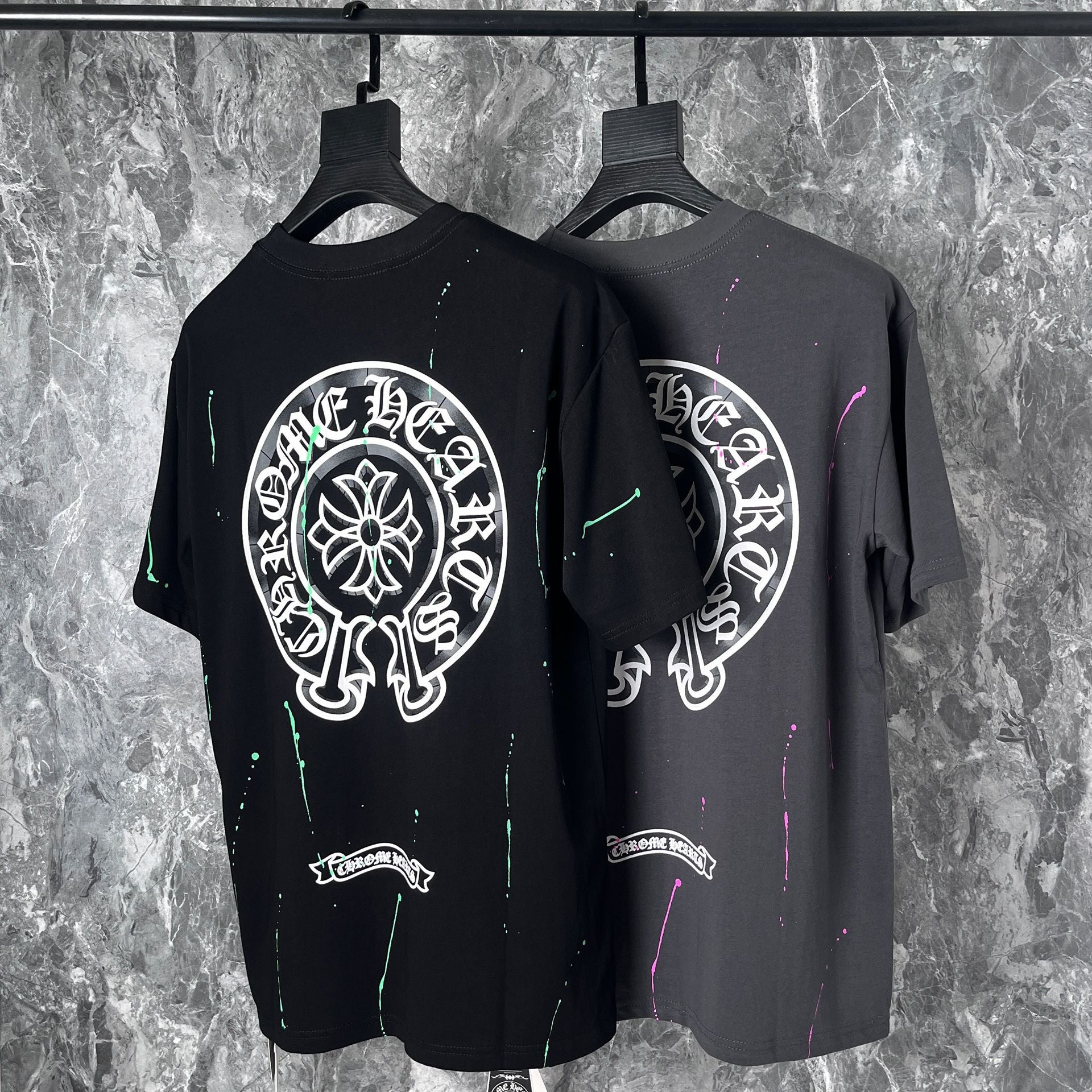 CHH Chrome Heart T Shirts Cross Leather Print Short Sleeve T-Shirt Loose